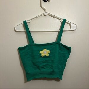 Green Fitted Crop Tank Top with Floral Detail